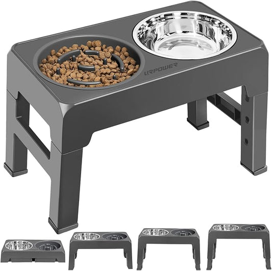 URPOWER Raised Slow Feeder Dog Bowls 4 Height Adjustable Elevated Bowl Stand with Stainless Steel Water Bowl and Slow Feeder Non-Slip Dog Food Bowls Stand for Small Medium Large Dogs and Pets