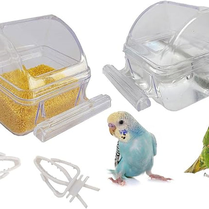 2 Pack Bird Feeders for Cage No Mess Parakeet Food Bowl with Cover Clear Hanging Parrot Water Dispenser Perch Cup Waterer Bird Dishes Seed Cage Cups Slot Replacement Feeder Bowls