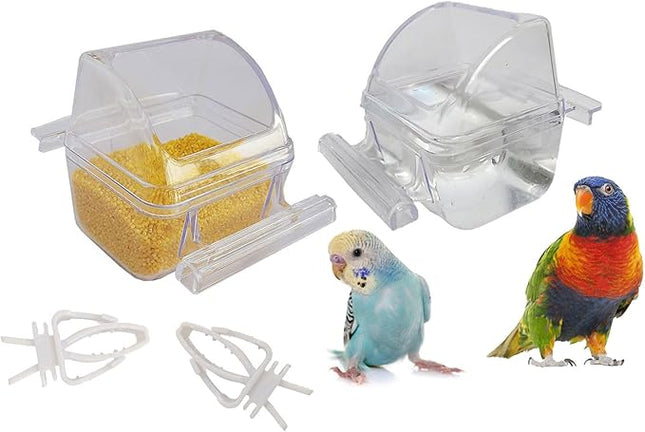 2 Pack Bird Feeders for Cage No Mess Parakeet Food Bowl with Cover Clear Hanging Parrot Water Dispenser Perch Cup Waterer Bird Dishes Seed Cage Cups Slot Replacement Feeder Bowls