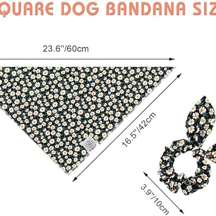 E-Clover Dog Bandanas & Matching Scrunchie Set Girl Dog Scarf Bibs with Bow Scrunchie for Small Dogs Puppy Pet Owner Gifts Flower Black