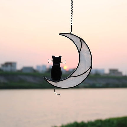 Black Cat On White Moon Stained Glass Window Hangings Ornament,Cat Memorial Gifts, Themed Gifts for Cats Lovers