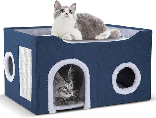 Cat House for Indoor Cats – Foldable Cat Cave & Covered Cat Bed, Cozy Hideaway for Small Pets and Large Cats (23.6"x16"x12.8"),Navy Blue
