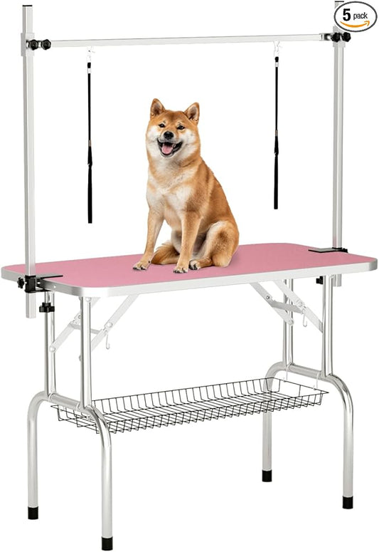 46'' Dog Grooming Table for Large Dogs, Foldable Professional Grooming Table for Dogs at Home with Double Loops/Mesh Tray/Adjustable Arm, Capacity up to 330lbs, Pink