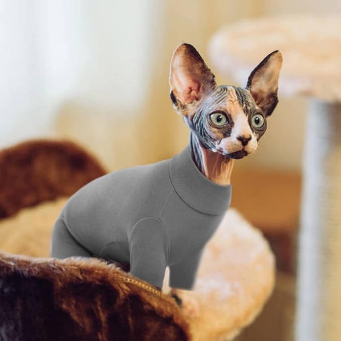 ROZKITCH Hairless Cat Sweater, Breathable Soft Jumpers for Sphynx Only, Coat with Four Legs, Warm Sweater T-Shirt Cat Pajamas Jumpsuit Vest Cornish Rex, Devon Rex, Peterbald Grey S