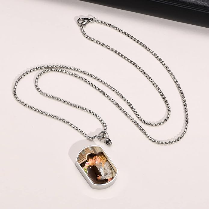 VNOX Personalized Customizable Photo Text Cremation Urn Necklace for Ashes Holder Dog Tag Pendant Family Pet Memorial Keepsake Jewelry for Men Women