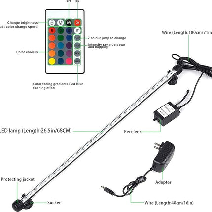 LED Aquarium Lights Fish Tank Light Underwater RGB Color Changing Brightness Adjustable Memory IP68 Waterproof Submersible LED Light Strip bar for Fish Tank, 27 inch