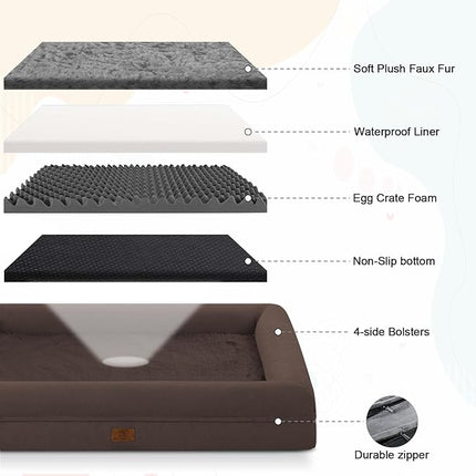 Large Orthopedic Dog Bed for Large Dogs, Waterproof Dog Bed with Removable Cover, 4-Sides Removable Bolster Dog Soft Sofa Bed with Non-Slip Bottom, Brown