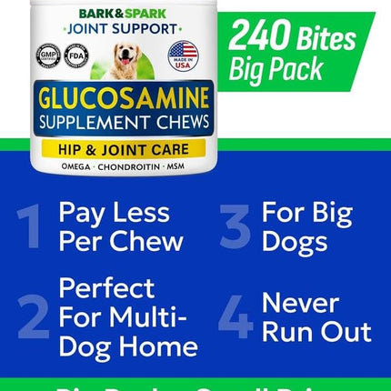 Glucosamine Chondroitin Dog Hip & Joint Supplement - Joint Pain Relief - Hip & Joint Chews for Dogs - Joint Support Large Breed - Senior Doggie Vitamin Pills Joint Health (240 Treats - Peanut Butter)