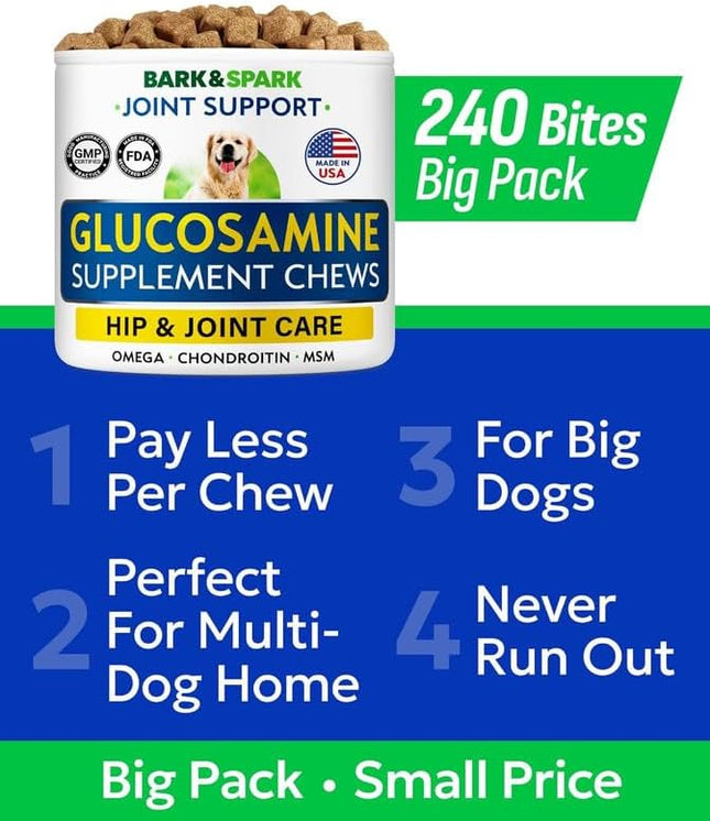 Glucosamine Chondroitin Dog Hip & Joint Supplement - Joint Pain Relief - Hip & Joint Chews for Dogs - Joint Support Large Breed - Senior Doggie Vitamin Pills Joint Health (240 Treats - Peanut Butter)