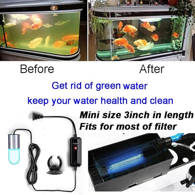 Aquarium UVC Clean Light Algae Clear Green Bloom Clean Fish Tank UVC Water Clean Lamp for Sump Pond Filter Tank (3W with Timer)