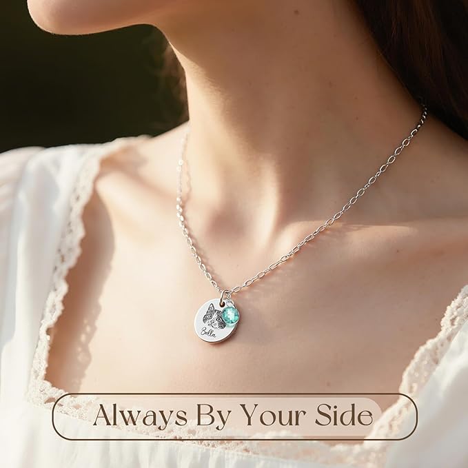 Personalized Pet Portrait Necklace Customized Pet Memorial Necklaces Dog Necklace for Women Custom Pets Necklaces Dog Memorial Jewelry for Cats Mom Dogs Dad (Silver 1 Portrait)