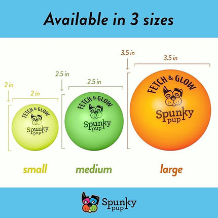 Spunky pup Fetch & Glow Ball Dog Toy | Glowing Logo Toss Balls for Large Dogs | Indoor & Outdoor Active Play | Durable | Waterproof & Floats | Non Toxic | Assorted Colors | For Large Dogs