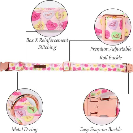 Lionet Paws Valentine's Pink Dog Collar, Cute Heart Dog Collar for Medium Dogs, Adjustable Cotton Pet Collars for Small Medium Dogs