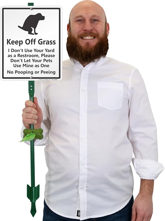 SmartSign Keep Off Grass - No Dog Pooping Or Peeing Yard Sign & Clip-On Plastic Dispenser Combo/Kit, 10"x12" Aluminum Sign with 3ft Stake, Compact Dispenser Preloaded with a 15 Dog Poop Bags Roll