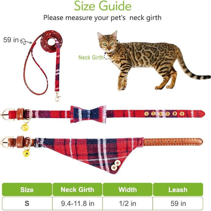 EXPAWLORER Dog Collar and Leash Set - Classic Plaid Dog Bow Tie and Dog Bandana Collar with Bell, Dog Leash Tangle Free, Adjustable Collars for Small Medium Large Dogs Cats, Holiday Ideal Gift