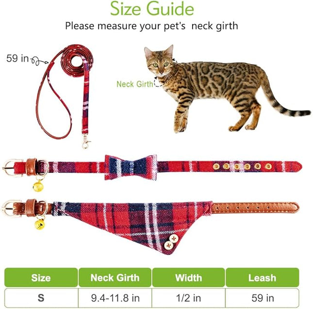 EXPAWLORER Dog Collar and Leash Set - Classic Plaid Dog Bow Tie and Dog Bandana Collar with Bell, Dog Leash Tangle Free, Adjustable Collars for Small Medium Large Dogs Cats, Holiday Ideal Gift