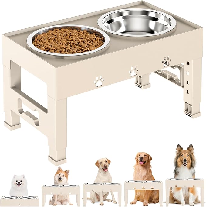 Elevated Dog Bowls with 2 Stainless Steel Bowls, Raised Dog Food Bowl Stand 5 Height Adjustable (3.1", 9", 10", 11", 12") Non-Slip Feeder Set for Medium and Large Dogs - Apricot