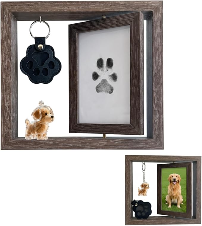 Dog Memorial Gifts Picture Frame, Pet Paw Print Kit & Fur Keepsake Keychain Set - 360 Rotating Wood Frame for Loss of Dog Sympathy Gift, Pet Bereavement & Remembrance