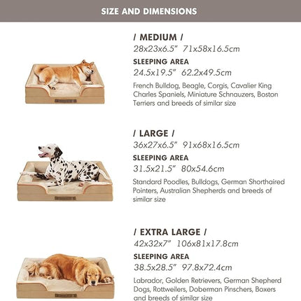 Friends Forever Orthopedic Dog Bed for Extra Large Dogs, Waterproof Memory Foam Dog Sofa Bed XL with Removable Washable Cover, Ally Khaki, 42x32x7