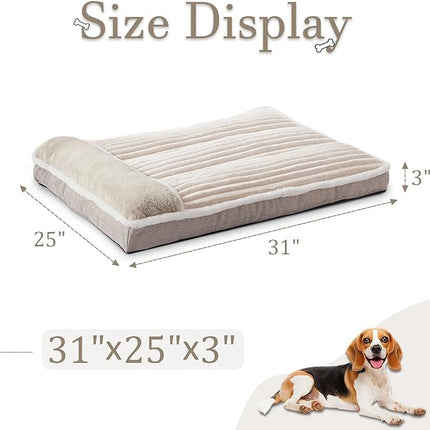 Dog Bed for Large Dogs, Dog Mattress with Pillow for Crate Kennel, Sofa pet Bed, Super Soft pet Bed for Medium, Jumbo, Small Dogs Breeds (Beige, Medium:(31"x25"x3")