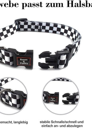 Roses&Poetry Dog Collar with Colourful Patterns, Adjustable Durable Puppy Collars for Small Medium Large Dogs (Black & White-L)
