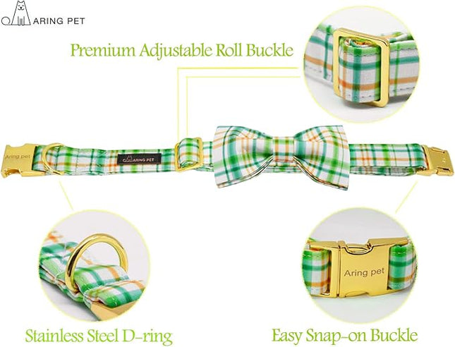 ARING PET Bowtie Dog Collar, Adorable Green Grid Dog Collars with Detachable Bow, Adjustable Collar Gifts for Small Medium Large and Girl Boy Dogs