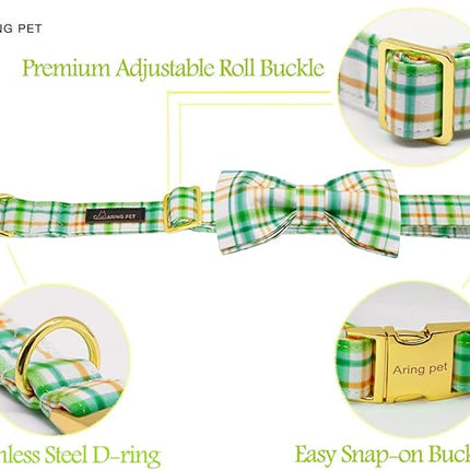 ARING PET Bowtie Dog Collar, Adorable Green Grid Dog Collars with Detachable Bow, Adjustable Collar Gifts for Small Medium Large and Girl Boy Dogs