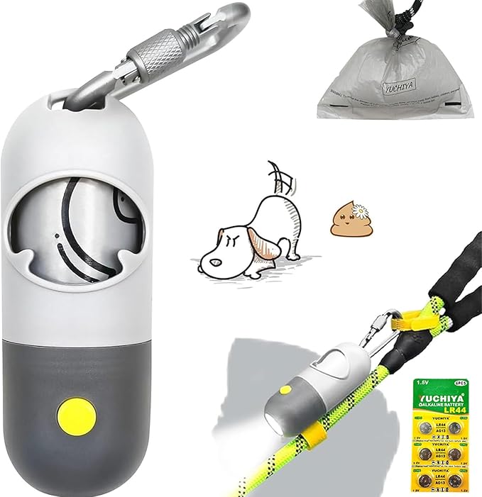 Dog Poop Bags Holder with LED Flashlight|Pet Waste Bags Dispenser for Leash|Doggie Potty Bags Container with Leak-proof Pet Trash Bags and Accessories (Light Gray, 1 Holder 15 Bags)