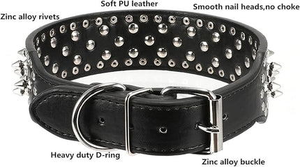 Hoot PU Leather Adjustable Spiked Studded Dog Collar 2" Wide 25 Spikes (XS(Neck 15"-18"), Black)