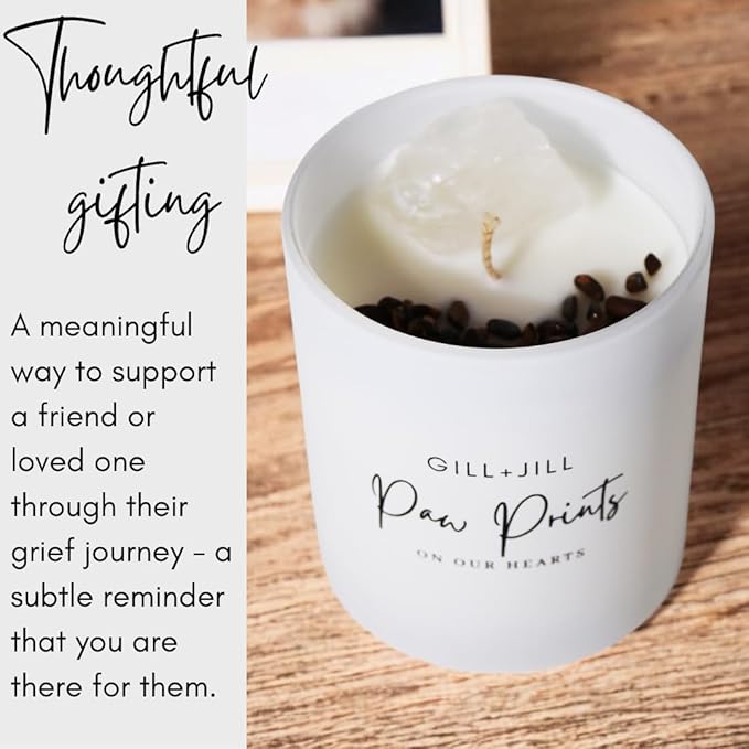 Premium Paw Prints Pet Memorial Candle – Dog Memorial Gifts for Loss of Dog, Pet Loss Sympathy Gift, Paraffin-Free Soy Wax with Tiger’s Eye, Clear Quartz & Coffee Beans – Thoughtful Remembrance Gift
