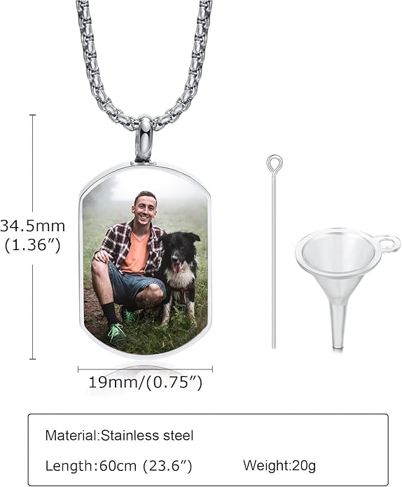 VNOX Personalized Customizable Photo Text Cremation Urn Necklace for Ashes Holder Dog Tag Pendant Family Pet Memorial Keepsake Jewelry for Men Women