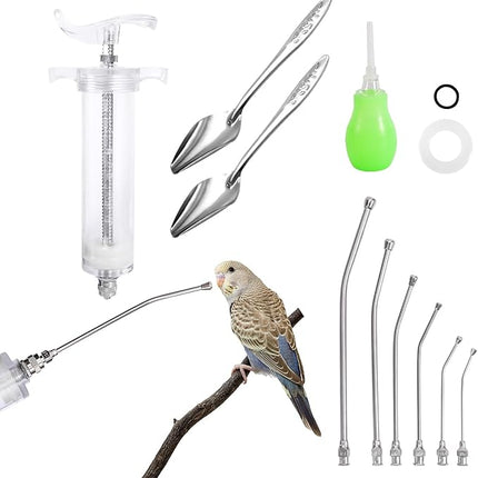 50ML Baby Bird Feeding Syringe Set Pet Syringe with 6 Pcs Curved Gavage Feeding Tubes and Bird Drinker Stainless Steel Metal Feeding Spoon for Baby Birds Parrot Small Pet