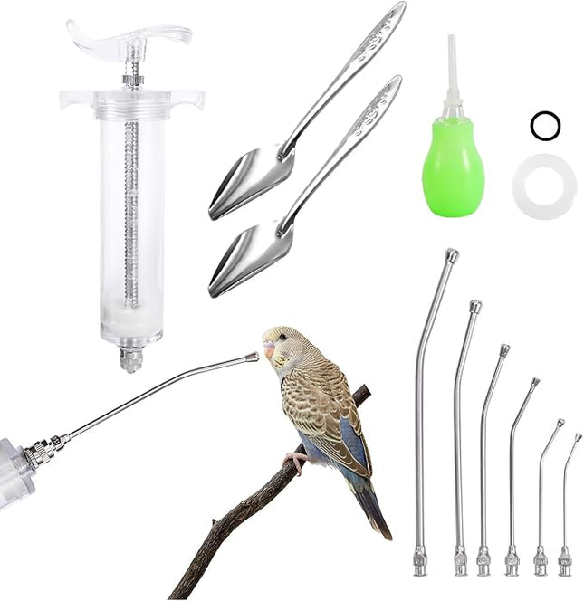 50ML Baby Bird Feeding Syringe Set Pet Syringe with 6 Pcs Curved Gavage Feeding Tubes and Bird Drinker Stainless Steel Metal Feeding Spoon for Baby Birds Parrot Small Pet