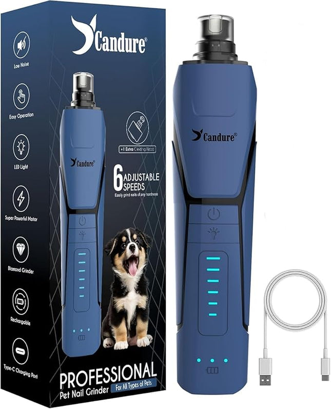 Candure Dog Nail Grinder Upto 6-Speed Dog Nail Trimmer for Large, Medium, Small Dogs, Cats & Pets - Low Noise Rechargeable Dog Claw Grinder with 360° LED Lights & Extra Grinder Head