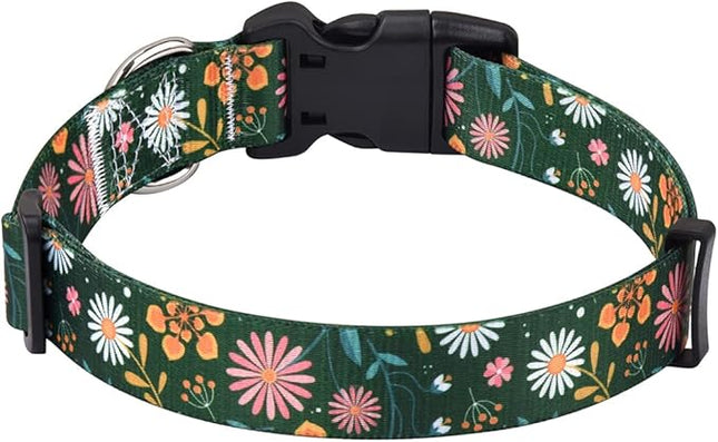 Dog Collar with Bohemia Floral Tribal Geometric Patterns - Soft Ethnic Style Collar Adjustable for Small Medium Large Dogs(Dark Green Flower,M)