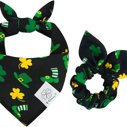 E-Clover Dog Bandana Boy & Matching Scrunchie-Shamrock Dog Bandanas Irish Pet Scarf Bib for Samll Dogs Puppy Girl Owner Gift Dark Green