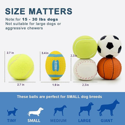 Squeaky Dog Ball, Soft Latex Rubber Squeaky Dog Toys for Small Dogs Puppies, Cute Squeak Toys Play Ball - Tennis, Soccer, Football, Basketball and Baseball