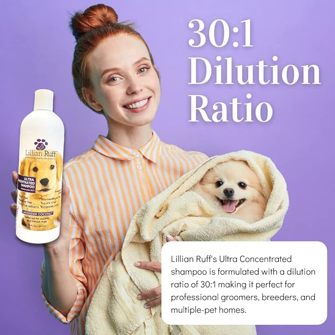 Lillian Ruff PRO Formula Ultra Concentrated Dog Shampoo – Makes 4 Gallons/30 Bottles, 30:1 Dilution, Professional Pet Shampoo for Sensitive Skin | Deodorizing & pH-Balanced Made in USA 16.9oz