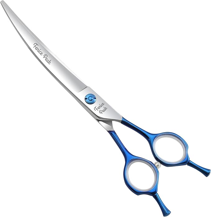 Fenice Peak Grooming Scissors for Dogs 7 inch Curved Pet Grooming Scissors Ergonomically Designed Blue Handles Ideal Dog Shears for Precise Trimming Easy Use.