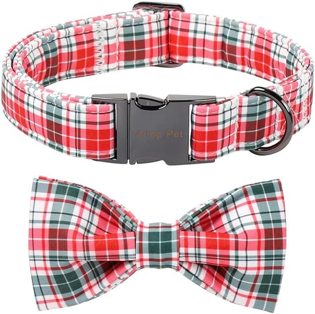 ARING PET Christmas Dog Collar with Bow, Cute Xmas Red Green Plaid Bowtie Pet Collars for Puppy Small Medium Large Girl Boy Dogs-S