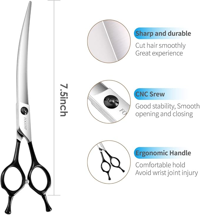 Curved Dog Grooming Scissors Professional 7.5" Grooming Shears for Dogs Pet Right Handed Groomer Japan 440C Stainless Steel (7.5 in Curved,Black)