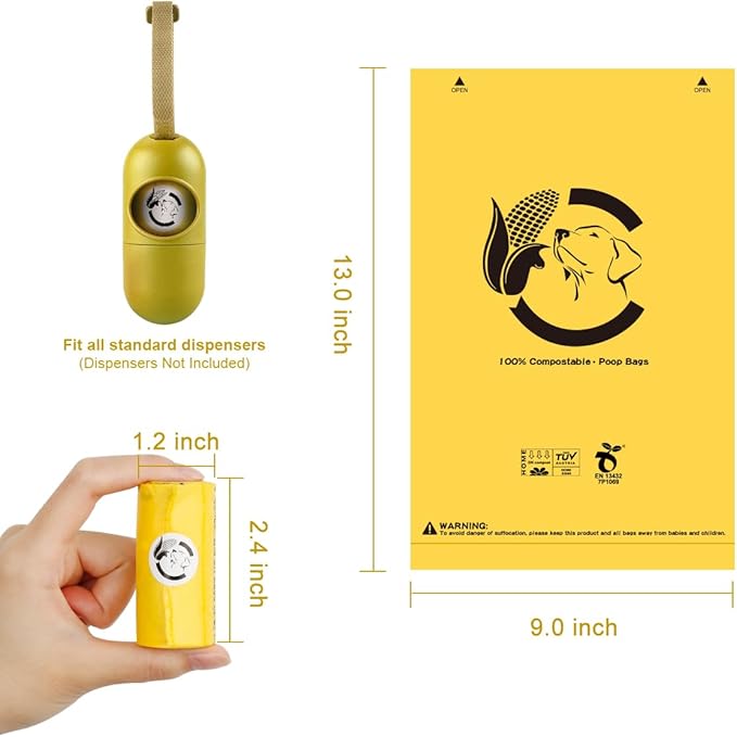 Certified Compostable Dog Poop Bags, 270 Count Landfill Friendly and Leakproof Waste Bags, Easy Open Unscented Maize Yellow Poop Bag for Dog, 15 Doggy Bags Per Roll (18 rolls)