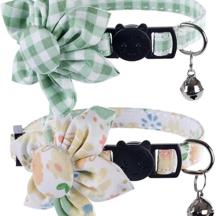Cat Collar Breakaway with Cute Sunflower and Bell Plaid Flower for Kitty Adjustable Safety