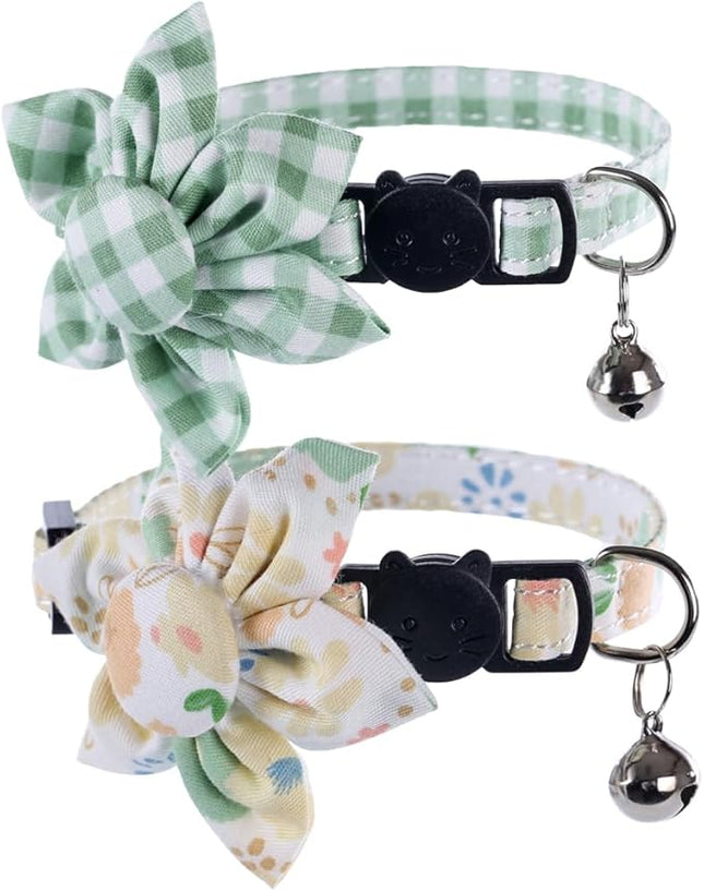 Cat Collar Breakaway with Cute Sunflower and Bell Plaid Flower for Kitty Adjustable Safety