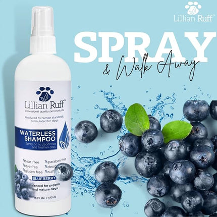 Lillian Ruff Waterless No-Rinse Dog Dry Shampoo Spray with Hydrating Essential Oils - pH-Balanced Dry Shampoo for Dogs - Clean, Condition, Detangle & Deodorize Dry, Sensitive Skin (Blueberry)