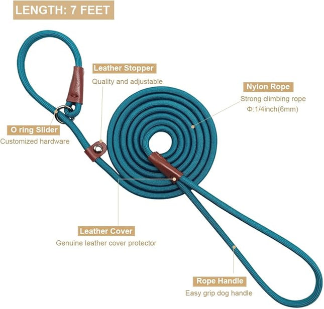 BTINESFUL 7FT Slip Lead Dog Leash, Strong Nylon Rope Leash, 1/4 inch Diam Dog Training Lead for Small Medium Large Dogs, Misty Blue