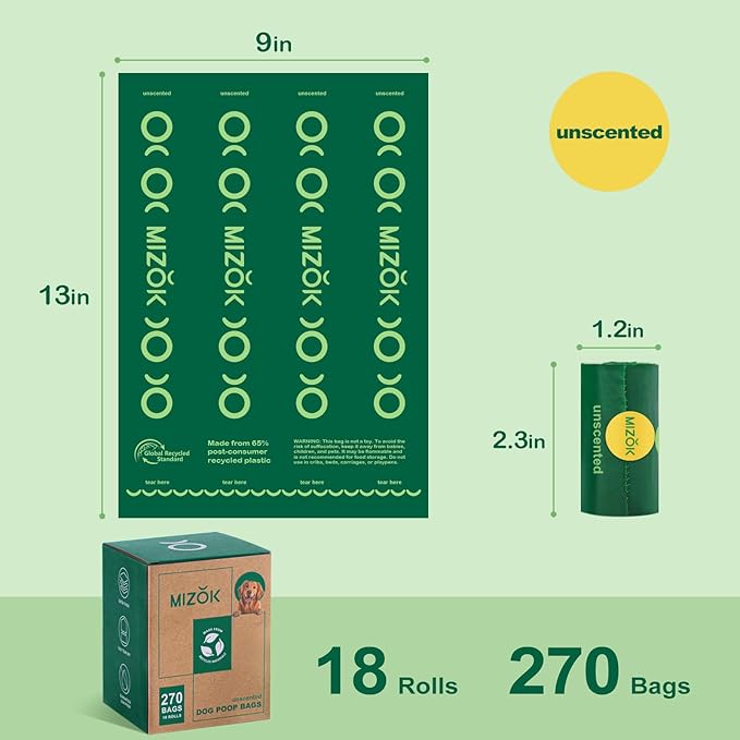 MIZOK Dog Poop Bags Rolls, 270 Count, 65% Recycled Material Poop Bags for Dogs, Leakproof, Extra Thick Durable and Easy Tear-Off, Unscented