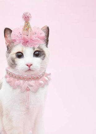 Birthday Hat Scarf Set for Pet Puppy Cat, Cute Lace Bandana Bib Scarf Crown Hat Princess Costume for Cats Small Dogs,Pink Outfit for Birthday Party