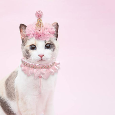Birthday Hat Scarf Set for Pet Puppy Cat, Cute Lace Bandana Bib Scarf Crown Hat Princess Costume for Cats Small Dogs,Pink Outfit for Birthday Party