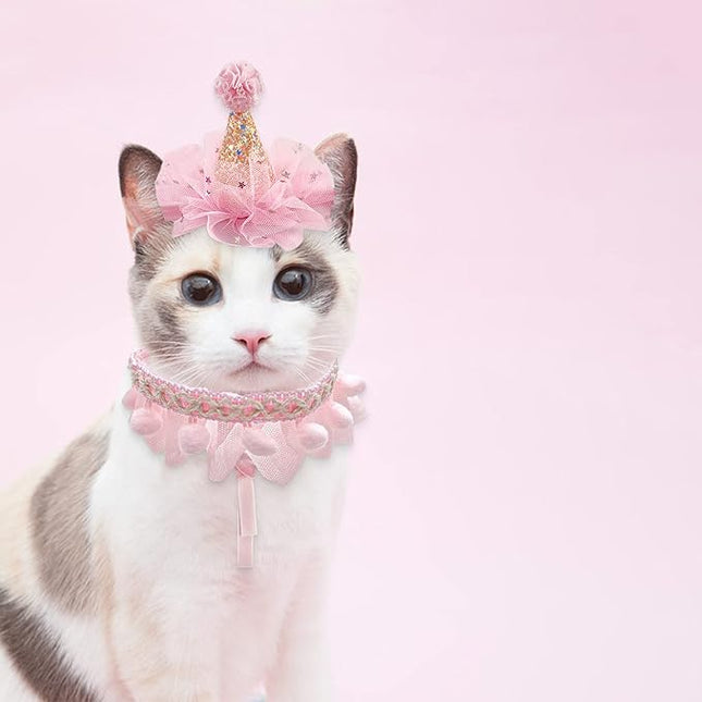 Birthday Hat Scarf Set for Pet Puppy Cat, Cute Lace Bandana Bib Scarf Crown Hat Princess Costume for Cats Small Dogs,Pink Outfit for Birthday Party